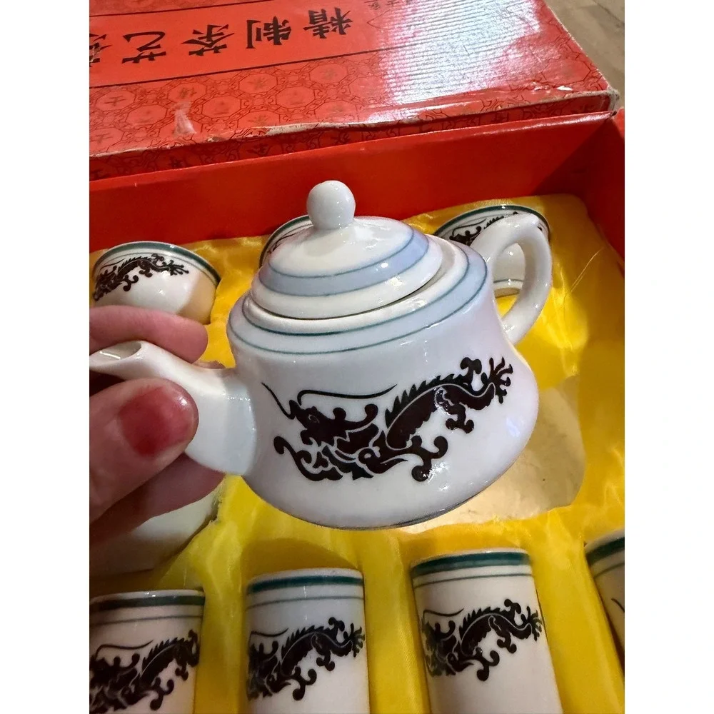 Vintage Color Changing White & Black Dragon Porcelain Tea Set With Original Box